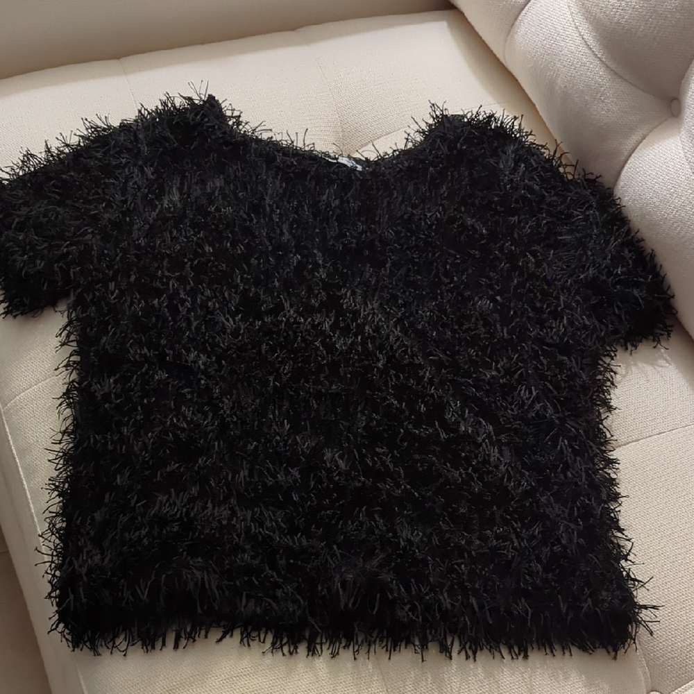 Zara Black Fuzzy Short Sleeve Top